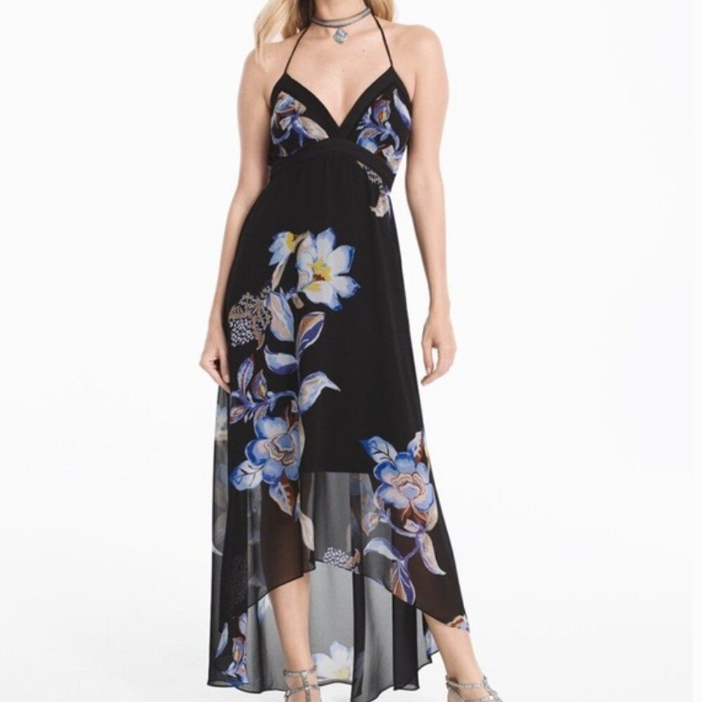 White House Black Market Dress Flowy Halter Plunge Floral Sheer Fairy Event 4